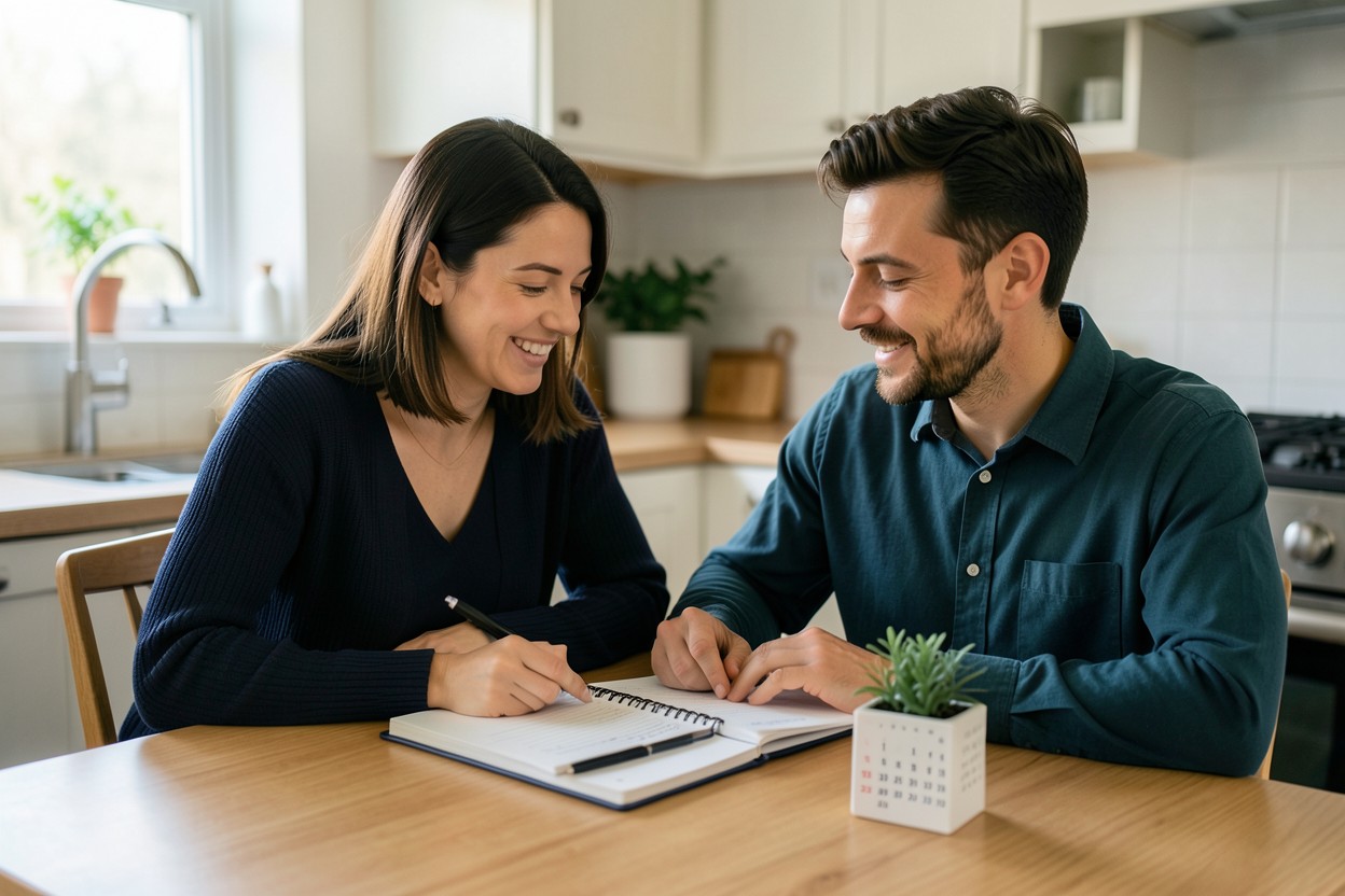 Pareja planificando una meta financiera en casa