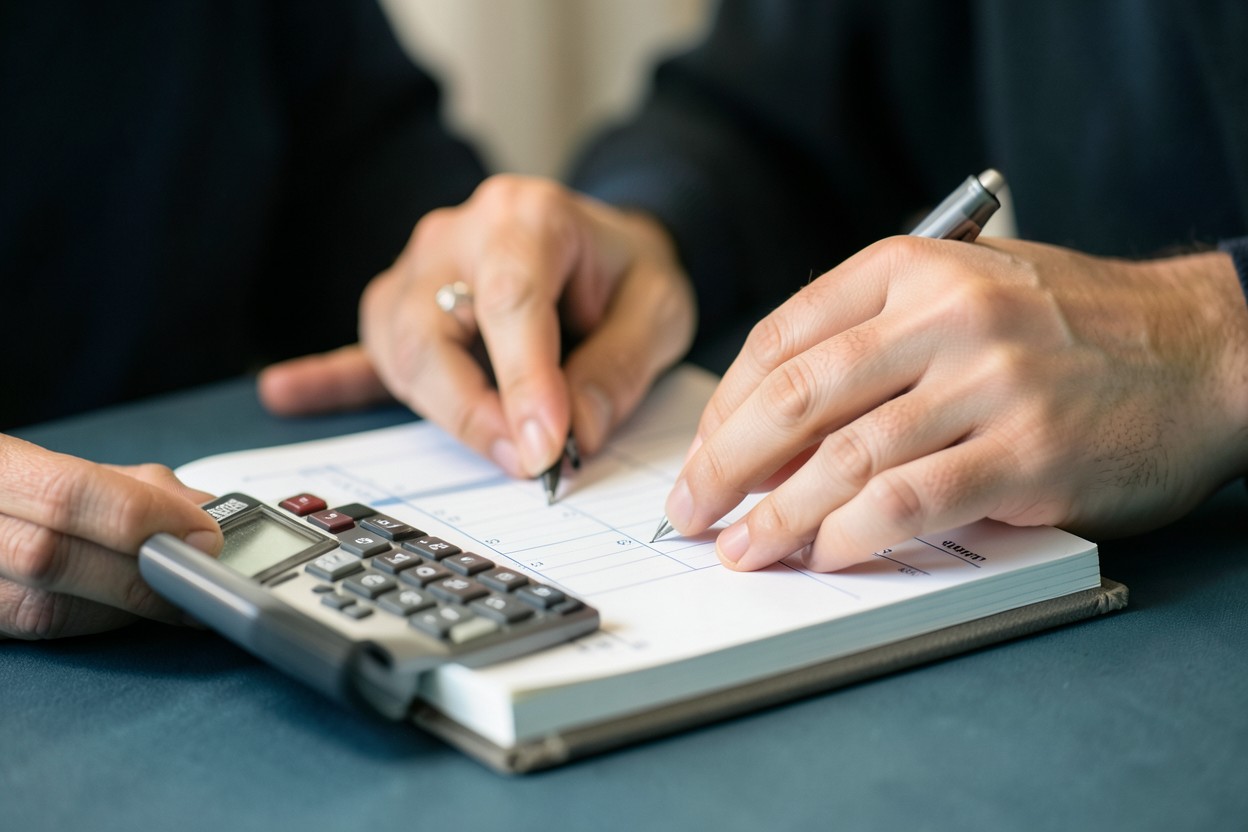 Manos organizando un presupuesto con una libreta y calculadora